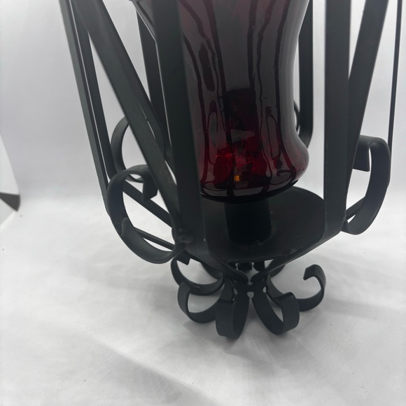 MCM-hanging metal scroll lantern with red glass votive holder-Spanish/goth/Vtg - Picture 9 of 11
